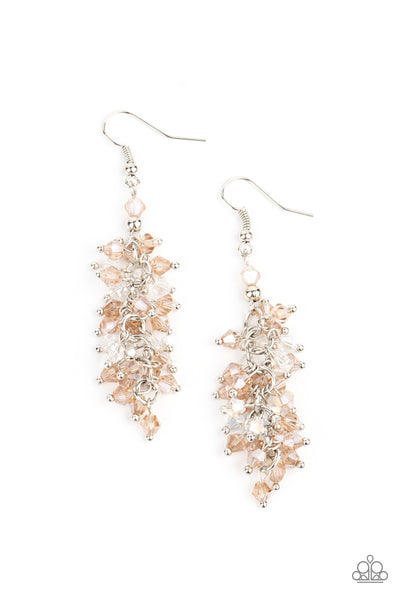 Celestial Chandeliers - Brown Earrings - Paparazzi Accessories Threaded along dainty rods, an iridescent collection of topaz and white crystal-like beads cluster along a silver chain, creating a stellar tassel. Earring attaches to a standard fishhook fitting.  Sold as one pair of earrings.  New Kit