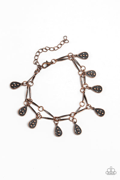 Gypsy Glee - Copper Bracelet - Paparazzi Accessories Glistening copper rods and ornate teardrops link around the wrist in two rows, creating a playful fringe. Features an adjustable clasp closure.  Sold as one individual bracelet.   Get The Complete Look! Necklace: "Galapagos Gypsy - Copper" (Sold Separately)  New Kit