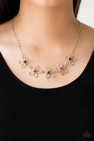 Hoppin Hibiscus - Multi Necklace - Paparazzi Accessories Dotted with radiant multicolored rhinestone centers, airy silver flowers link below the collar for a seasonal look. Features an adjustable clasp closure.  Sold as one individual necklace. Includes one pair of matching earrings.  New Kit