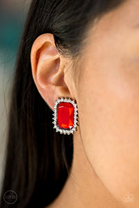 Downtown Dapper - Red Clip-On Earrings - Paparazzi Accessories - Bling On The Jewels By Alyssa and Victoria