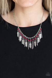 Feathered Ferocity - Red Necklace - Paparazzi Accessories - Bling On The Jewels By Alyssa and Victoria