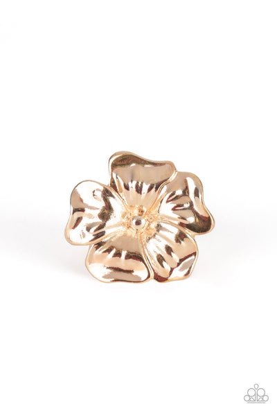 Tropical Gardens - Rose Gold Ring - Paparazzi Accessories Brushed in a high-sheen shimmer, glistening rose gold petals fold into a tropical inspired flower atop the finger for a seasonal flair. Features a stretchy band for a flexible fit.  Sold as one individual ring.