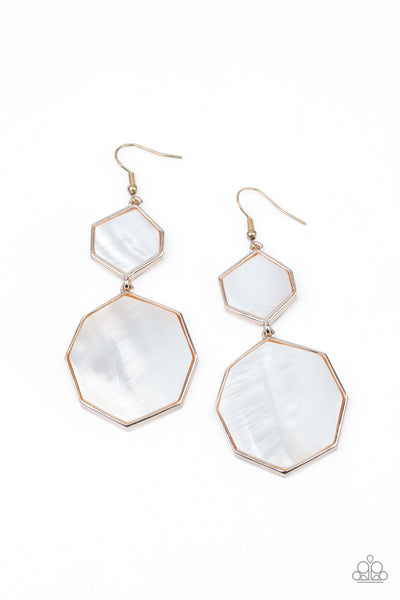 Vacation Glow - Rose Gold Earrings - Paparazzi Accessories Encased in sleek rose gold frames, white shell-like hexagonal frames link into a whimsical lure. Earring attaches to a standard fishhook fitting.  Sold as one pair of earrings.  New Kit