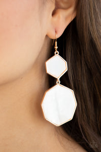 Vacation Glow - Rose Gold Earrings - Paparazzi Accessories Encased in sleek rose gold frames, white shell-like hexagonal frames link into a whimsical lure. Earring attaches to a standard fishhook fitting.  Sold as one pair of earrings.  New Kit