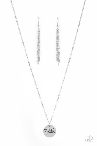 Choose Faith - Silver Necklace - Paparazzi Accessories  A dainty silver disc is stamped in the word, "Faith," at the bottom of a shiny silver chain, creating an inspiring pendant below the collar. Features an adjustable clasp closure.  Sold as one individual necklace. Includes one pair of matching earrings.  New Kit