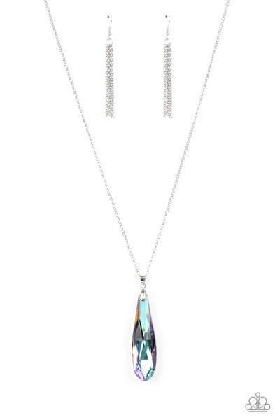 Rival-Worthy Refinement - Purple Necklace - Paparazzi Accessories Featuring an iridescent shimmer, an elongated crystal-like teardrop swings from the bottom of a lengthened silver chain for a jaw-dropping look. Features an adjustable clasp closure.  Sold as one individual necklace. Includes one pair of matching earrings.  New Kit