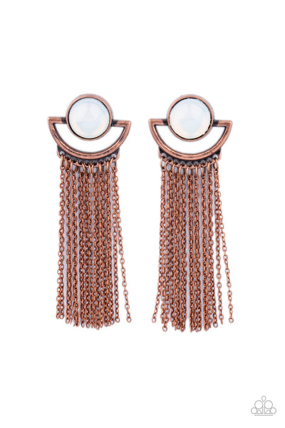 Opal Oracle - Copper Earrings - Paparazzi Accessories A curtain of dainty copper chains stream from the bottom of a rustic crescent shaped copper frame that is dotted in a dewy opal bead for a mystical finish. Earring attaches to a standard post fitting.  Sold as one pair of post earrings.  New Kit