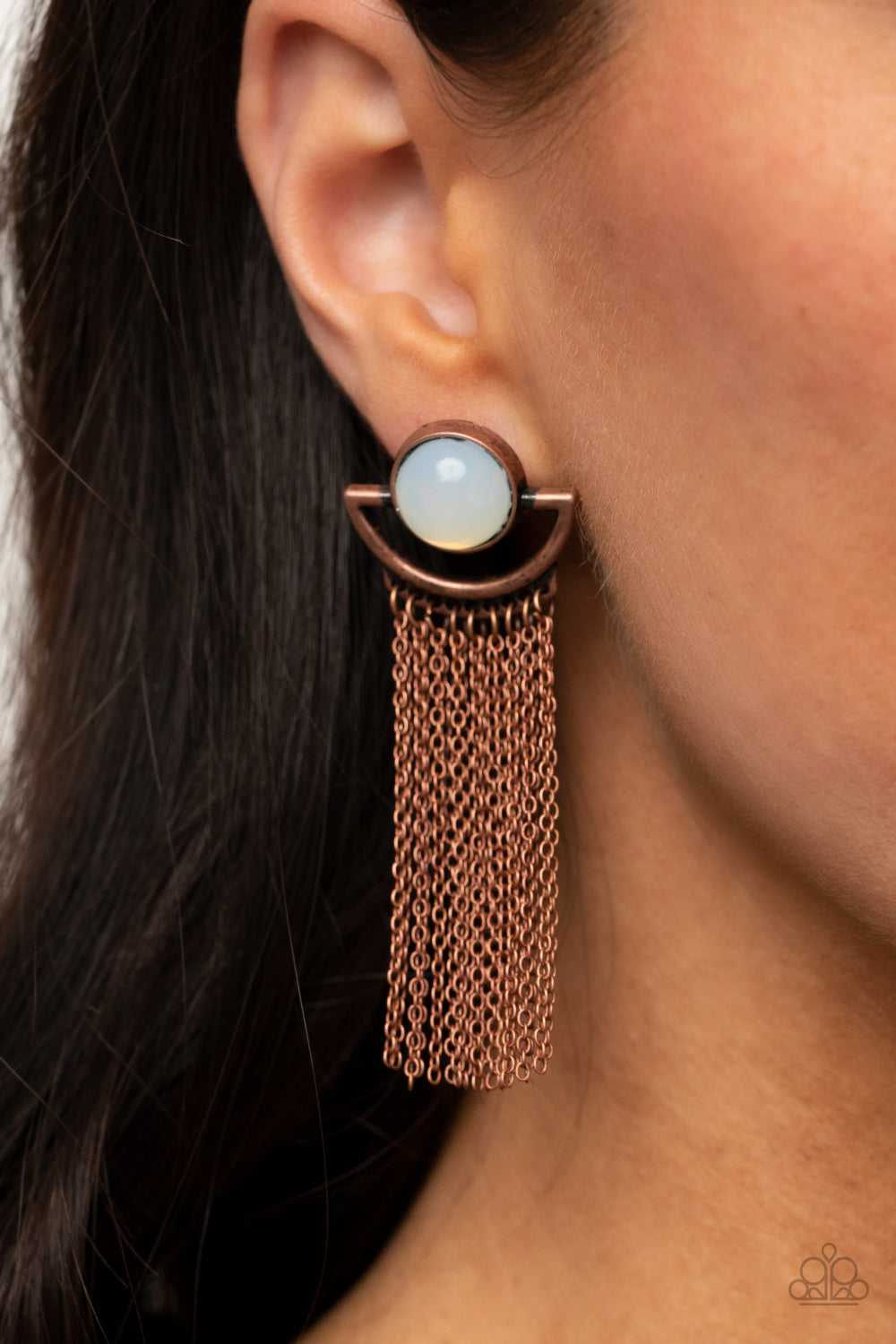 Opal Oracle - Copper Earrings - Paparazzi Accessories A curtain of dainty copper chains stream from the bottom of a rustic crescent shaped copper frame that is dotted in a dewy opal bead for a mystical finish. Earring attaches to a standard post fitting.  Sold as one pair of post earrings.  New Kit