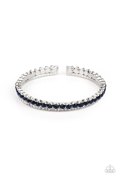 Fairytale Sparkle - Blue Bracelet - Paparazzi Accessories Mismatched strands of glassy white and glittery blue rhinestones stack into a dainty cuff around the wrist, creating a sparkly centerpiece.  Sold as one individual bracelet.  New Kit