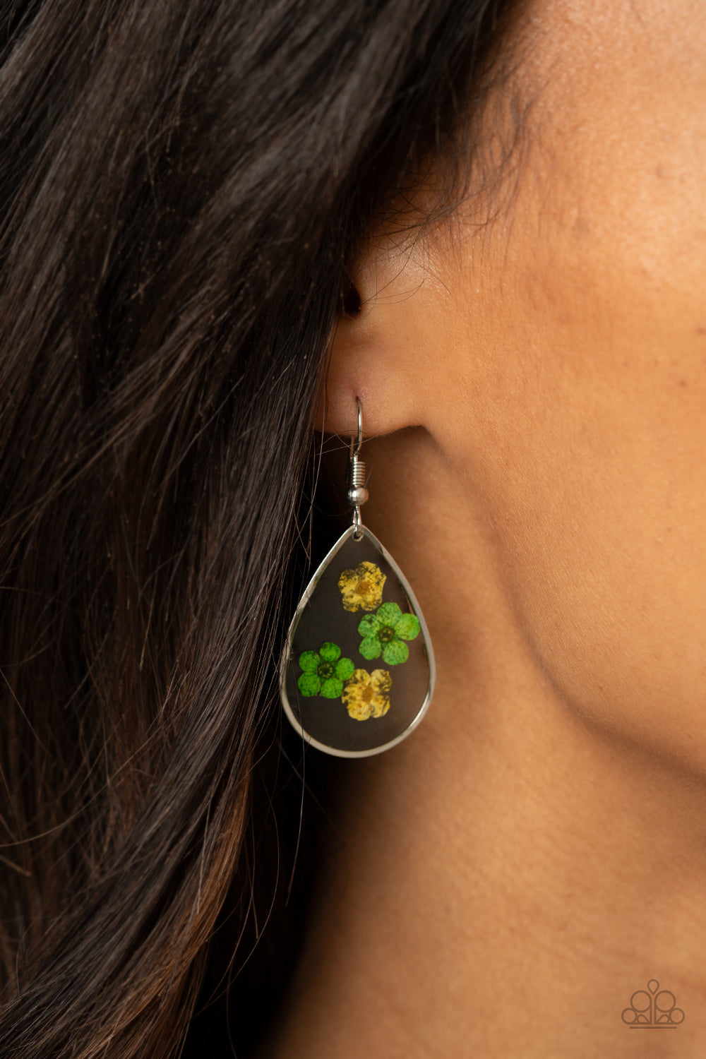 Perennial Prairie - Yellow Earrings - Paparazzi Accessories Dainty yellow and green flowers are encased in a glassy teardrop, creating a whimsical frame. Earring attaches to a standard fishhook fitting.  Sold as one pair of earrings.  New Kit