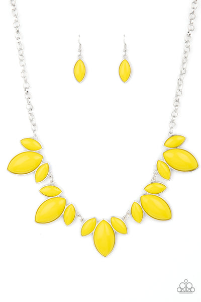 Viva La Vacation - Yellow Necklace - Paparazzi Accessories Trios of Illuminating marquise shaped beads connect into leafy frames below the collar, creating a vivacious centerpiece. Features an adjustable clasp closure.  Sold as one individual necklace. Includes one pair of matching earrings.  New Kit