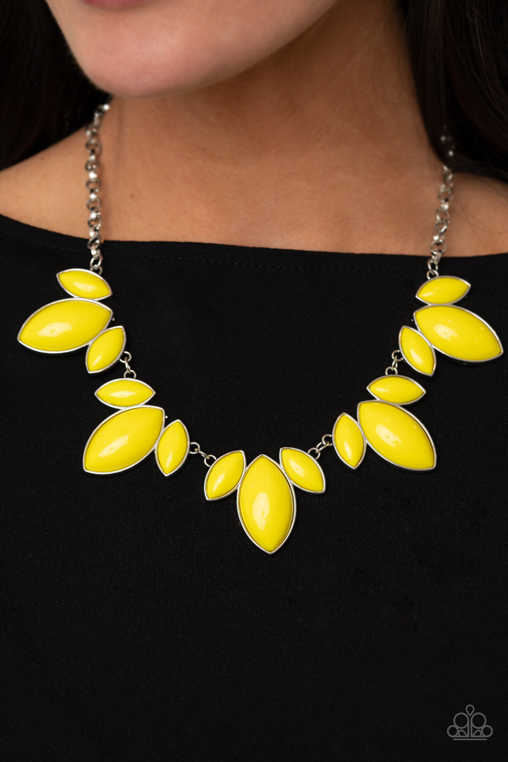 Viva La Vacation - Yellow Necklace - Paparazzi Accessories Trios of Illuminating marquise shaped beads connect into leafy frames below the collar, creating a vivacious centerpiece. Features an adjustable clasp closure.  Sold as one individual necklace. Includes one pair of matching earrings.  New Kit