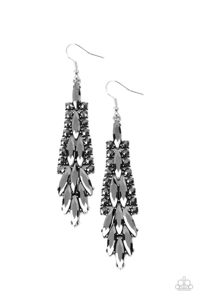 Crown Heiress - Silver Earrings - Paparazzi Accessories Smoky hematite marquise cut rhinestones cascade from the center of a silver frame bordered in ribbons of dainty hematite rhinestones, creating a glamorous chandelier. Earring attaches to a standard fishhook fitting.  Sold as one pair of earrings.  New Kit