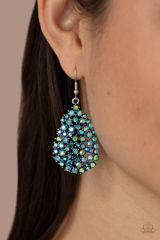 Daydreamy Dazzle - Multi Earrings - Paparazzi Accessories Featuring studded silver fittings, a smoldering collection of iridescent rhinestones coalesce into a dazzling teardrop frame. Earring attaches to a standard fishhook fitting.  Sold as one pair of earrings.  New Kit