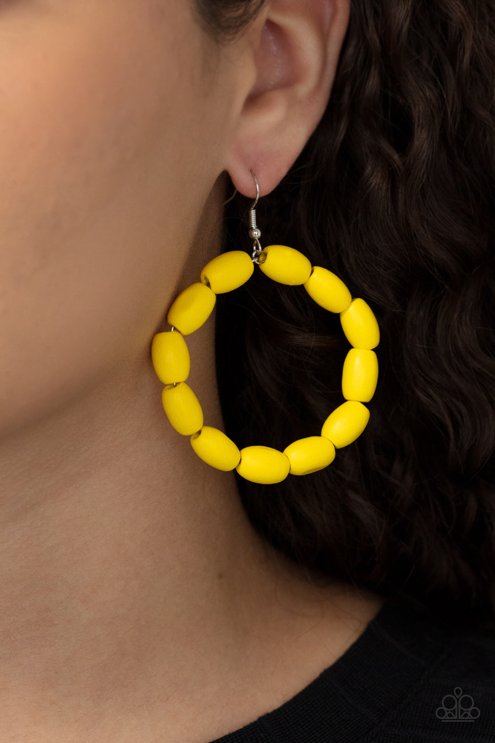 Living The WOOD Life - Yellow Earrings - Paparazzi Accessories Chunky Illuminating wooden beads are threaded along a dainty wire, creating an earthy hoop. Earring attaches to a standard fishhook fitting.  Sold as one pair of earrings.  New Kit