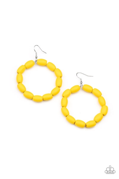 Living The WOOD Life - Yellow Earrings - Paparazzi Accessories Chunky Illuminating wooden beads are threaded along a dainty wire, creating an earthy hoop. Earring attaches to a standard fishhook fitting.  Sold as one pair of earrings.  New Kit