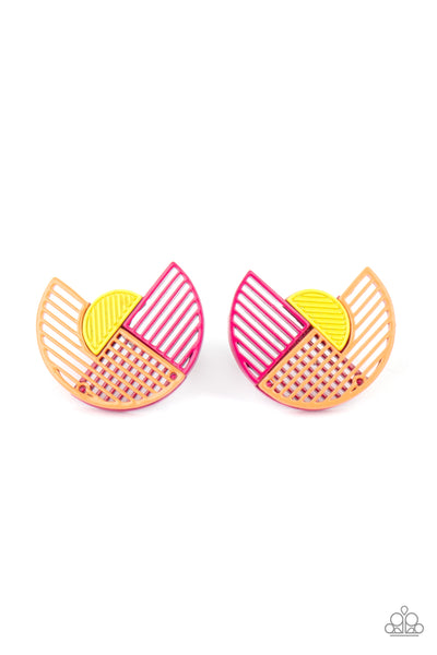 Its Just an Expression - Pink Earrings - Paparazzi Accessories Featuring airy stenciled linear patterns, overlapping pink and orange crescent shaped frames gather around a dainty yellow crescent frame, creating a modern display. Earring attaches to a standard post fitting.  Sold as one pair of post earrings.  New Kit