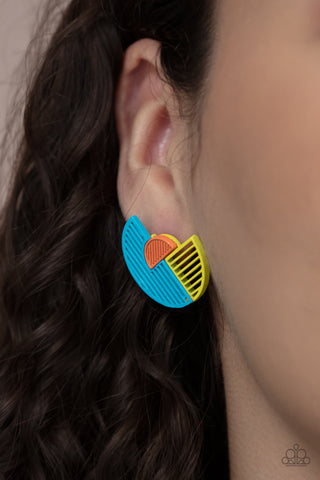 Its Just an Expression - Blue Earrings - Paparazzi Accessories Featuring airy stenciled linear patterns, overlapping blue and yellow crescent shaped frames gather around a dainty orange crescent frame, creating a modern display. Earring attaches to a standard post fitting.  Sold as one pair of post earrings.  New Kit