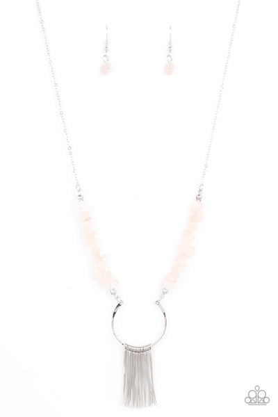 With Your ART and Soul - Pink Necklace - Paparazzi Accessories Dainty silver rods swing from the bottom of a bowing silver fitting that attaches to sections of pink pebbles at the bottom of a silver chain, creating a whimsically seasonal display. Features an adjustable clasp closure.  Sold as one individual necklace. Includes one pair of matching earrings.  New Kit