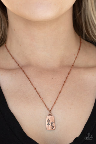 Faith Over Fear - Copper Necklace - Paparazzi Accessories  Stamped in a leafy accent, an asymmetrical copper plate is stamped in the word, "Faith," creating a dainty pendant below the collar. Features an adjustable clasp closure.  Sold as one individual necklace. Includes one pair of matching earrings.  New Kit