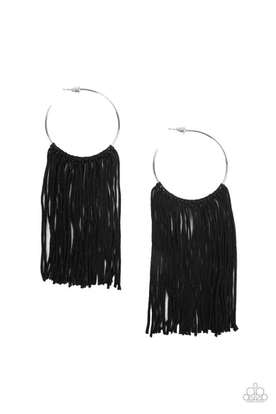 Flauntable Fringe - Black Hoop Earrings - Paparazzi Accessories A curtain of black cords stream from the center of a dainty silver hoop, creating a glamorous fringe. Earring attaches to a standard post fitting. Hoop measures approximately 1 3/4" in diameter.  Sold as one pair of hoop earrings.  New Kit