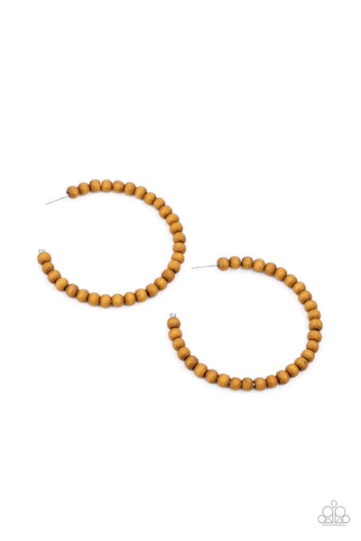 Should Have, Could Have, WOOD Have - Brown Hoop Earrings - Paparazzi Accessories Brown wooden beads are threaded along a dainty wire, creating an earthy hoop. Earring attaches to a standard post fitting. Hoop measures approximately 2 1/2" in diameter.  Sold as one pair of hoop earrings.  New Kit