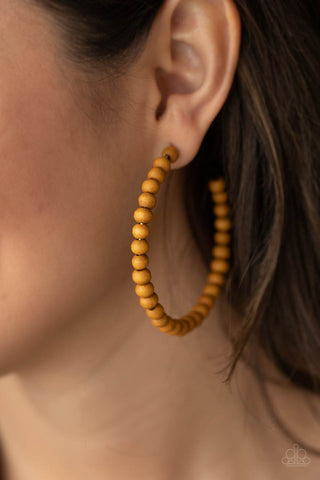 Should Have, Could Have, WOOD Have - Brown Hoop Earrings - Paparazzi Accessories Brown wooden beads are threaded along a dainty wire, creating an earthy hoop. Earring attaches to a standard post fitting. Hoop measures approximately 2 1/2" in diameter.  Sold as one pair of hoop earrings.  New Kit