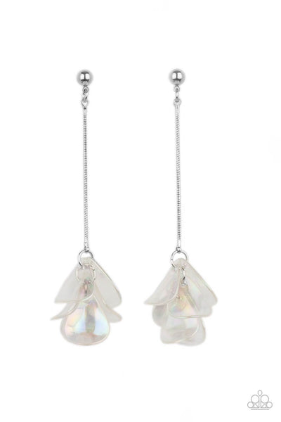 Keep Them In Suspense - Multi Earrings - Paparazzi Accessories Iridescent acrylic petals delicately cluster at the bottom of a shiny silver chain, creating an ethereal tassel. Earring attaches to a standard post fitting.  Sold as one pair of post earrings.  New Kit