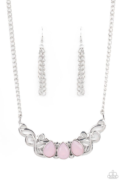 Heavenly Happenstance - Pink Necklace - Paparazzi Accessories Featuring an opaque iridescence, a row of pink teardrop beads are pressed into a studded backdrop of vine-like silver filigree, creating a whimsical centerpiece below the collar. Features an adjustable clasp closure.  Sold as one individual necklace. Includes one pair of matching earrings.  New Kit