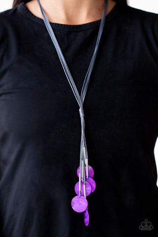 Tidal Tassels - Purple Necklace - Paparazzi Accessories Featuring cylindrical silver accents, iridescent purple shell-like discs swing from the ends of knotted Ultimate Gray cords, creating a flamboyant tassel. Features an adjustable sliding knot closure.  Sold as one individual necklace. Includes one pair of matching earrings.  New Kit