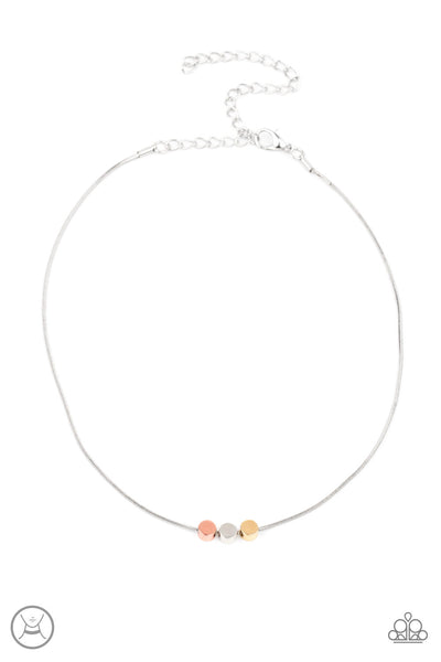 Dynamically Dainty - Multi Choker Necklace - Paparazzi Accessories A trio of flat shiny copper, silver, and gold beads glide along a silver snake chain around the neck, creating a dainty display. Features an adjustable clasp closure.  Sold as one individual choker necklace. Includes one pair of matching earrings.  New Kit Choker