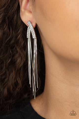 It Takes Two To TASSEL - White Earrings - Paparazzi Accessories Encrusted in double rows of glassy white rhinestones, two glistening silver frames overlap into a v-shaped frame. Flat silver chains stream from the bottom of the glittery frame, creating an edgy tassel. Earring attaches to a standard post fitting.  Sold as one pair of post earrings.  New Kit