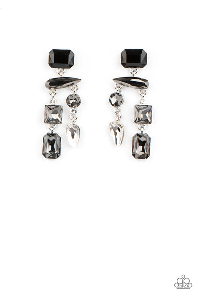 Hazard Pay - Silver Earrings - Paparazzi Accessories Varying in shape, a smoldering collection of black, smoky, and white gems haphazardly link into a edgy chandelier. Earring attaches to a standard post fitting.  Sold as one pair of post earrings.  New Kit