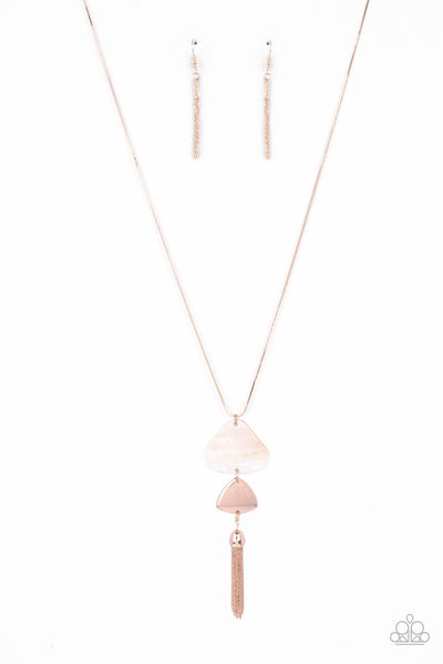 TIDE You Over - Rose Gold Necklace - Paparazzi Accessories A dainty rose gold tassel sways from the bottom of two triangular discs, one white shell-like and one rose gold, for a flirty pendant at the end of a lengthened rose gold snake chain. Features an adjustable clasp closure.  Sold as one individual necklace. Includes one pair of matching earrings.  New Kit