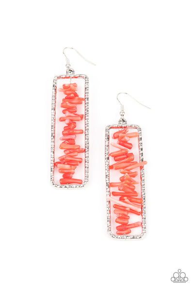 Don’t QUARRY, Be Happy - Red Earrings - Paparazzi Accessories  Bits of linear red rock are threaded along a metal rod inside a hammered silver rectangle, creating an earthy frame. Earring attaches to a standard fishhook fitting.  Sold as one pair of earrings.  New Kit