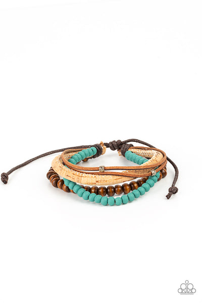 STACK To Basics - Blue Bracelet - Paparazzi Accessories Featuring a strand of turquoise wooden beads, a collection of earthy strands of cork, leather, and wood, comes together for a simple handmade feel as it stacks up the wrist. Features an adjustable sliding knot closure.  Sold as one individual bracelet.  New Kit