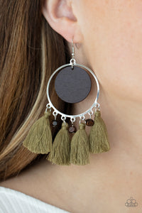 Yacht Bait - Green Earrings - Paparazzi Accessories A wooden disc swings from the top of a shiny silver hoop that is adorned in dainty wooden cube beads and Willow threaded tassels, creating an earthy fringe. Earring attaches to a standard fishhook fitting.  Sold as one pair of earrings.  New Kit