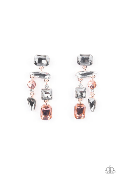 Hazard Pay - Multi Earrings - Paparazzi Accessories Varying in shape, a smoldering collection of white, smoky, and topaz gems haphazardly link into an edgy chandelier of rose gold frames. Earring attaches to a standard post fitting.  Sold as one pair of post earrings.  New Kit