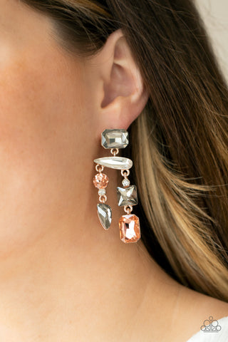 Hazard Pay - Multi Earrings - Paparazzi Accessories Varying in shape, a smoldering collection of white, smoky, and topaz gems haphazardly link into an edgy chandelier of rose gold frames. Earring attaches to a standard post fitting.  Sold as one pair of post earrings.  New Kit