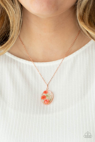 Sweet Sentiments - Copper Necklace - Paparazzi Accessories A romantic bouquet of bright springtime flowers, encased in an acrylic globe, falls gently below the collar for a sweet forever memento. Features an adjustable clasp closure.  Sold as one individual necklace. Includes one pair of matching earrings.  New Kit