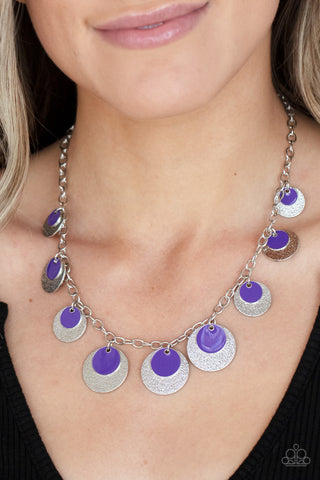 The Cosmos Are Calling - Purple Necklace - Paparazzi Accessories A stunning array of sparkling textured silver discs layered with Amethyst Orchid accent discs, fans out across the collar for a show-stopping cosmic display. Features an adjustable clasp closure.  Sold as one individual necklace. Includes one pair of matching earrings.  New Kit