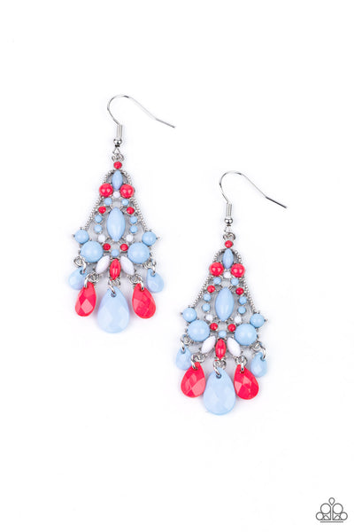 STAYCATION Home - Multi Earrings - Paparazzi Accessories An array of bubbly Cerulean, white, and Raspberry Sorbet beads decoratively adorn the front of a studded silver frame. Faceted teardrops drip from the bottom of the colorful frame, creating a whimsical fringe. Earring attaches to a standard fishhook fitting.  Sold as one pair of earrings.  New Kit