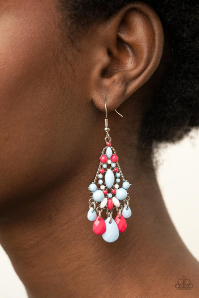 STAYCATION Home - Multi Earrings - Paparazzi Accessories An array of bubbly Cerulean, white, and Raspberry Sorbet beads decoratively adorn the front of a studded silver frame. Faceted teardrops drip from the bottom of the colorful frame, creating a whimsical fringe. Earring attaches to a standard fishhook fitting.  Sold as one pair of earrings.  New Kit