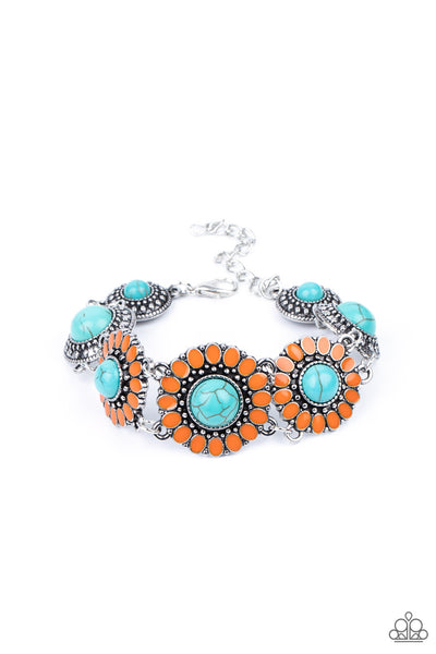 Bodaciously Badlands - Orange Bracelet - Paparazzi Accessories Featuring refreshing turquoise stone centers, studded silver frames double-link with Marigold petaled floral frames around the wrist for a colorfully seasonal look. Features an adjustable clasp closure.  Sold as one individual bracelet.  New Kit