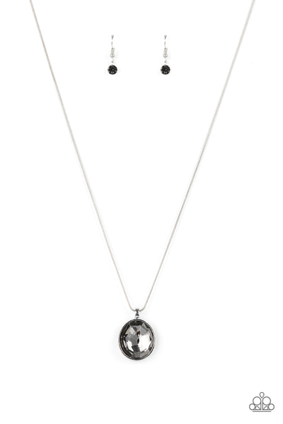 Instant Icon - Silver Necklace - Paparazzi Accessories An oversized smoky gem is pressed into the center of a sleek silver fitting, creating a mesmerizing statement piece at the bottom of a sleek silver chain. Features an adjustable clasp closure.  Sold as one individual necklace. Includes one pair of matching earrings.  New Kit