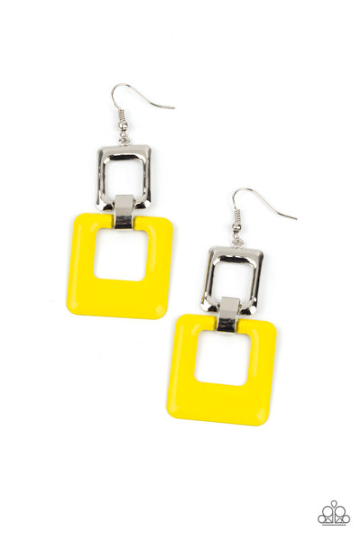 Twice As Nice - Yellow Earrings - Paparazzi Accessories A cutout square painted in the bold Pantone® of Illuminating sways from a shiny silver cutout square for a playful finish. Earring attaches to a standard fishhook fitting.  Sold as one pair of earrings.  New Kit