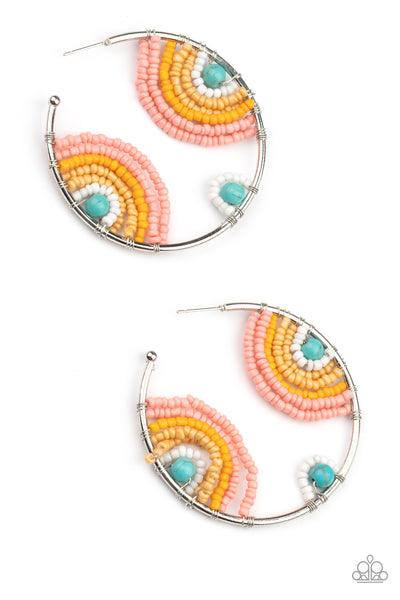 Rainbow Horizons - Multi Earrings - Paparazzi Accessories Rows of white, Desert Mist, Marigold, and Burnt Coral seed beads curl around turquoise stone centers, creating colorful rainbows inside a delicate wire wrapped hoop. Hoop measures approximately 2" in diameter. Earring attaches to a standard post fitting.  Sold as one pair of hoop earrings.  New Kit