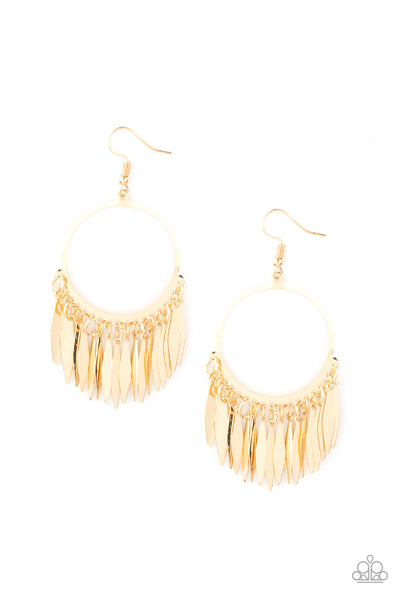 Radiant Chimes - Gold Earrings - Paparazzi Accessories Flared flat bars stream out from the bottom of a glistening gold hoop, creating a radiant fringe. Earring attaches to a standard fishhook fitting.  Sold as one pair of earrings.  New Kit