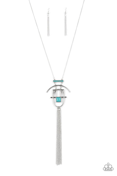 Eco Echoes - Blue Necklace - Paparazzi Accessories Infused with refreshing turquoise stone accents, shiny silver bars link and connect into stacked geometric frames at the bottom of a lengthened silver chain. A shimmery silver chain tassel streams from the bottom of the stacked pendant, adding a free-spirited finish to the artisan inspired talisman. Features an adjustable clasp closure.  Sold as one individual necklace. Includes one pair of matching earrings.  New Kit