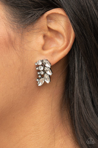 Flawless Fronds - White Earrings - Paparazzi Accessories A frond of dazzling white marquise and round rhinestones delicately curves below the ear for a flawless finish. Earring attaches to a standard post fitting.  Sold as one pair of post earrings.  New Kit